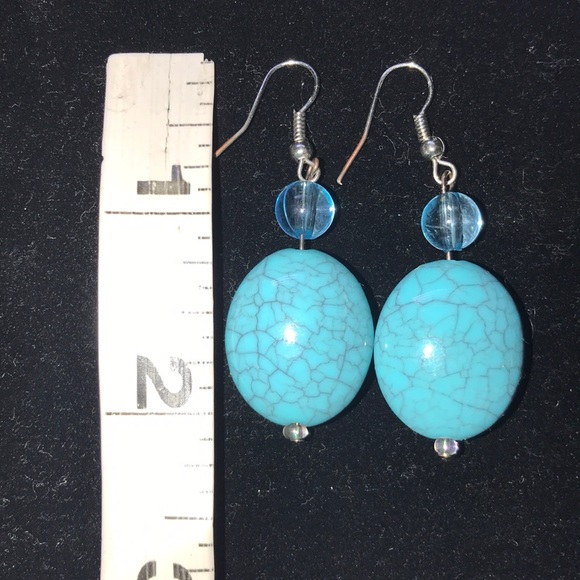 Turquoise Magnesite Stone Blue wiring dangle earring oval 2” - Picture 5 of 9